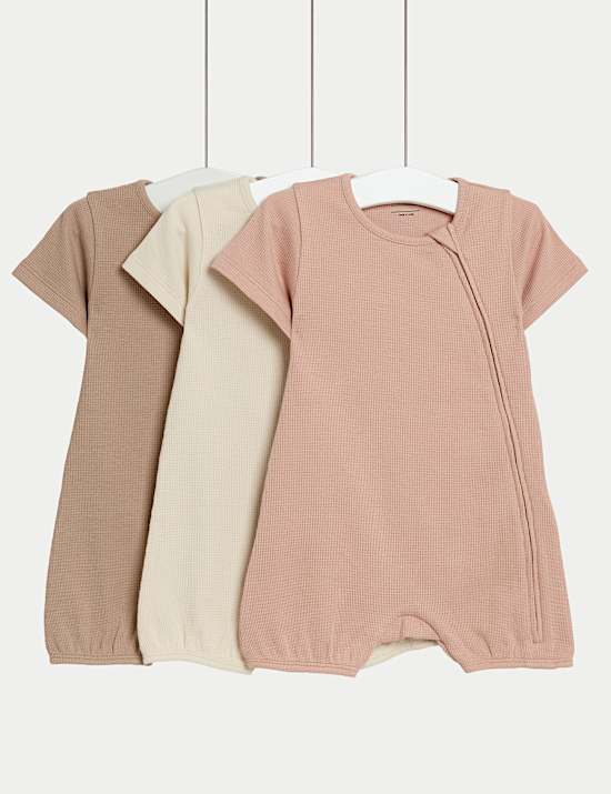 3pk Pure Cotton Waffle Rompers (6½lbs-3 Yrs)