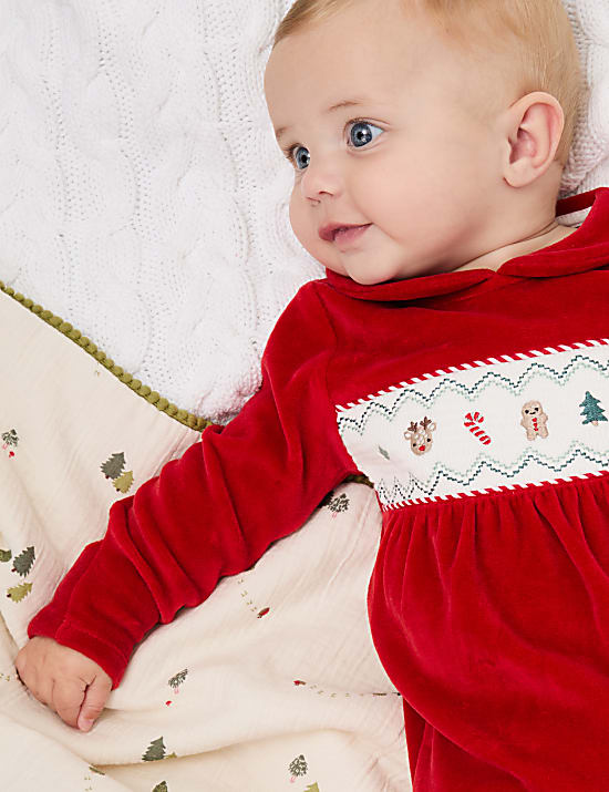 Smocked Velour Christmas Sleepsuit (0-12 Mths)