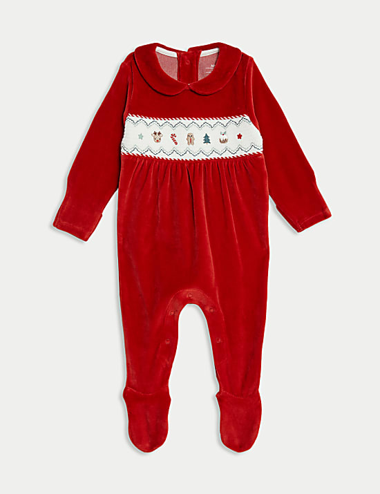 Smocked Velour Christmas Sleepsuit (0-12 Mths)