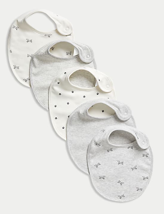 5pk Pure Cotton Dog Print Bibs