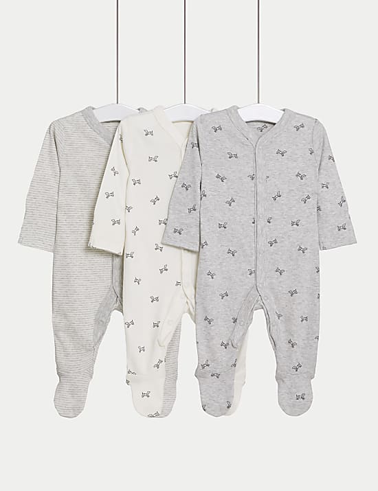 3pk Pure Cotton Dog & Striped Sleepsuits (5lbs-3 Yrs)