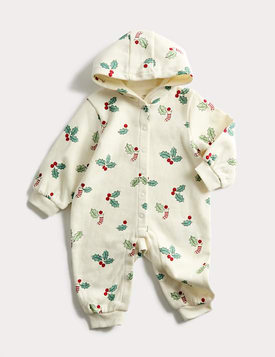 Cotton Rich Novelty Holly Print Hooded All in One (0 Mths-3 Yrs)