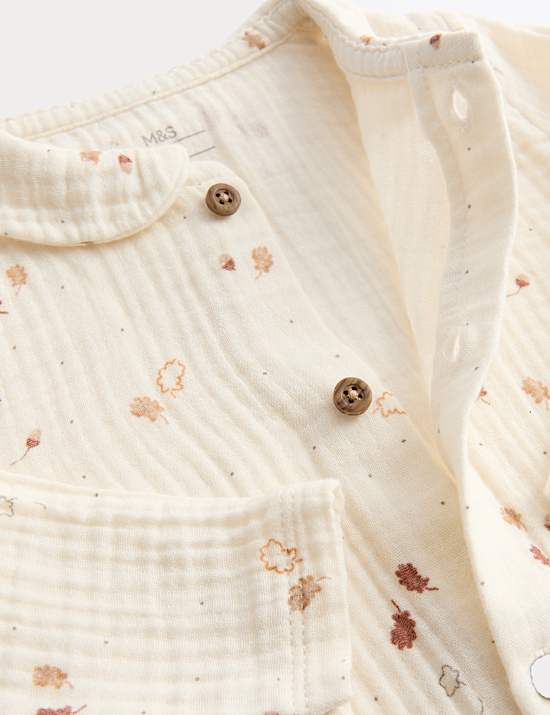 Pure Cotton Woven Leaf Collared All In One (0-12 Mths)