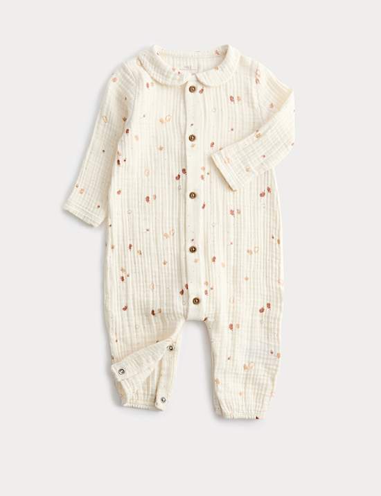 Pure Cotton Woven Leaf Collared All In One (0-12 Mths)