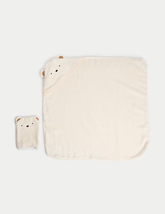 Serviette à capuche et gant de toilette pur coton à motif animal