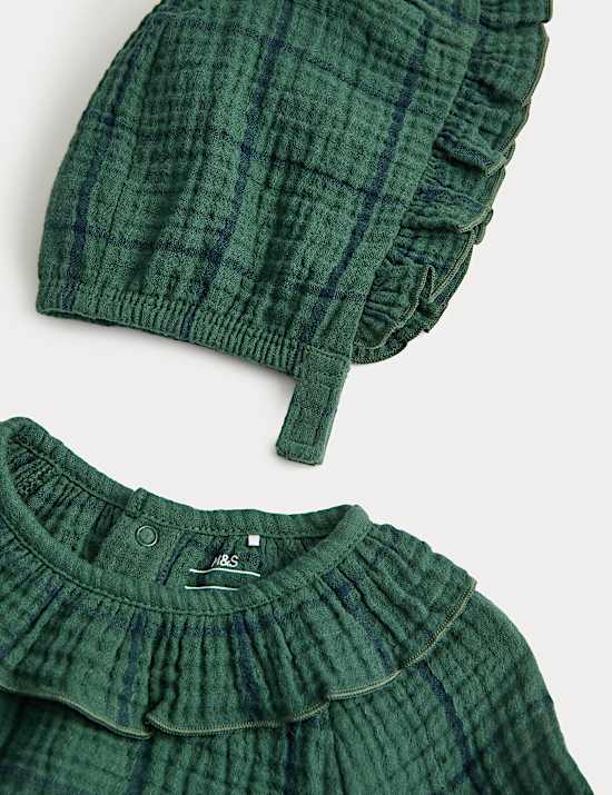 3-teiliges Anzug-Outfit mit M&uuml;tze aus reiner Baumwolle mit Karomuster (0&ndash;12 Monate)