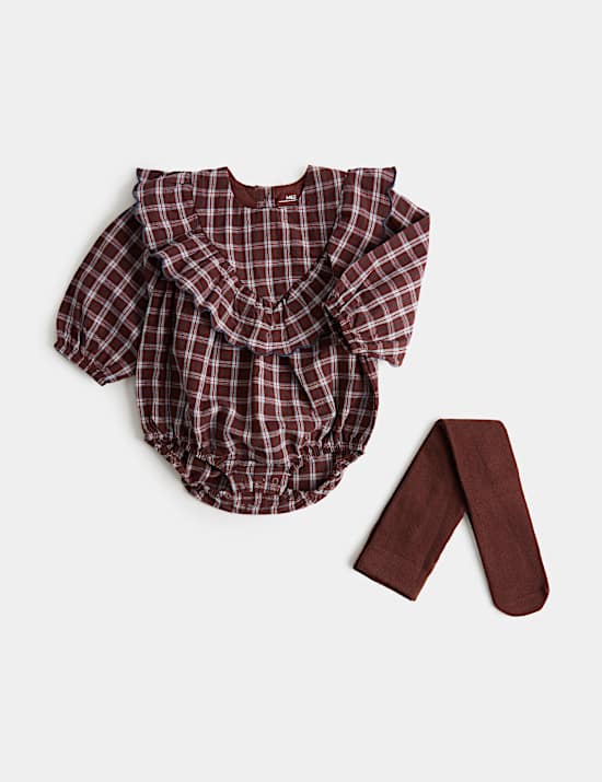 2 Piece Gingham Romper Outfit with Tights (0-12 Mths)