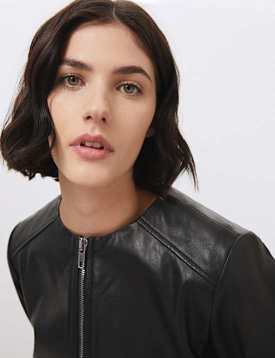 Leren, kraagloos jack