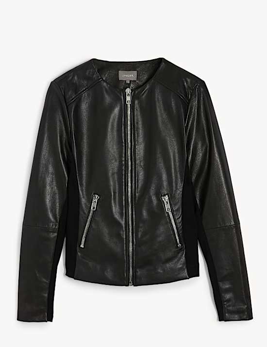 Leren, kraagloos jack