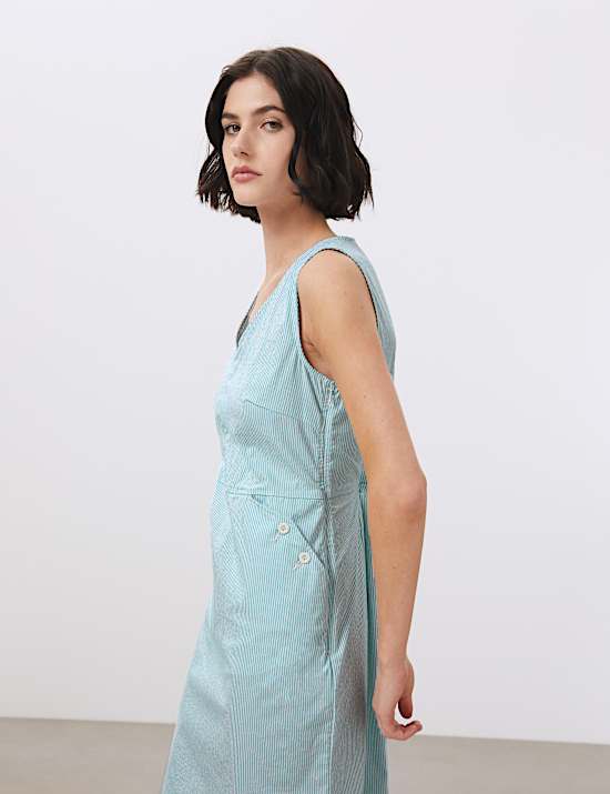 Cotton Striped V-Neck Shift Dress