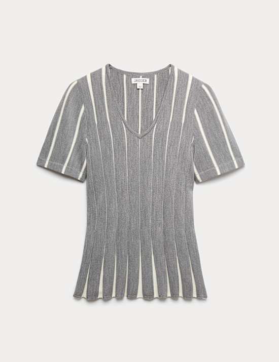 Merino Wool Rich V-Neck Pleated Knitted Top