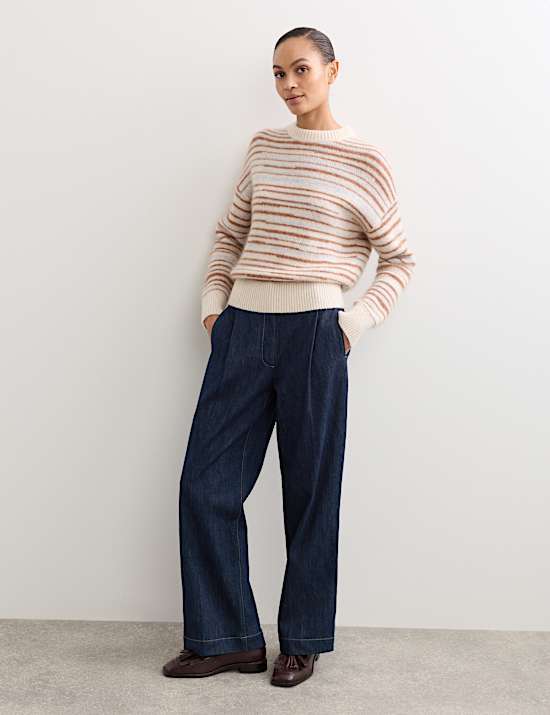 Denim Pleat Front Wide Leg Trousers
