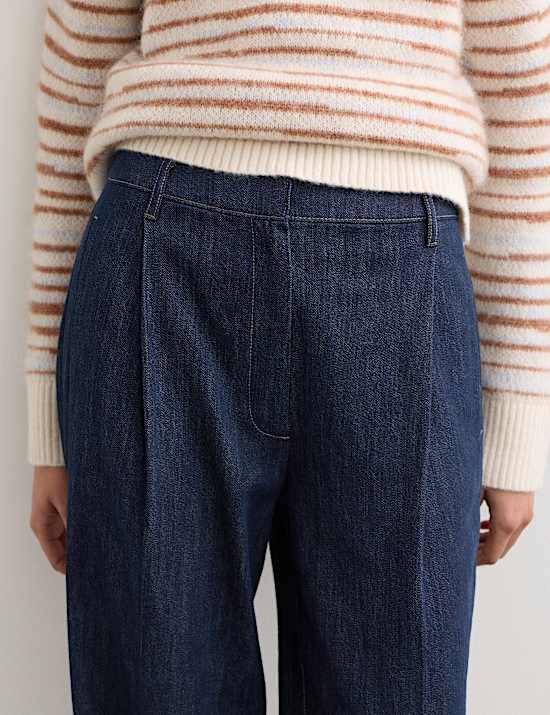 Denim Pleat Front Wide Leg Trousers