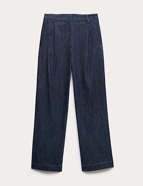 Denim Pleat Front Wide Leg Trousers