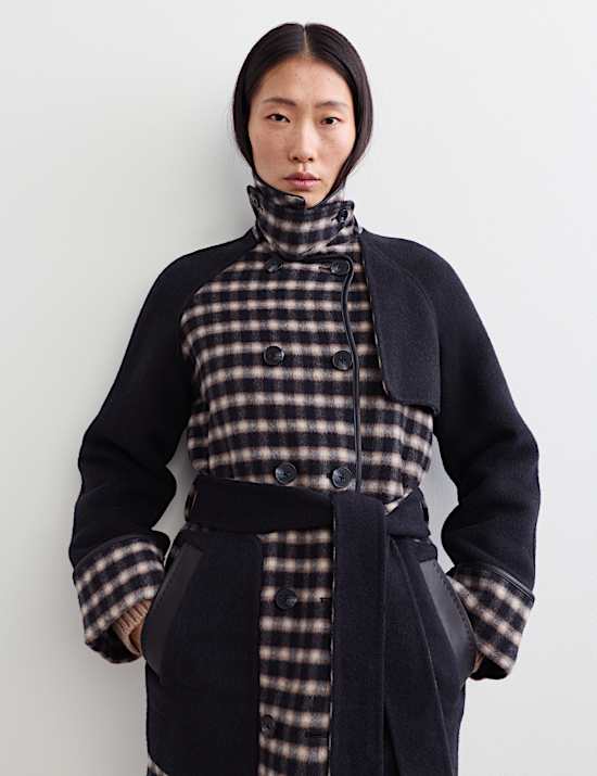 Pure Wool Checked Double Breasted Longline Coat