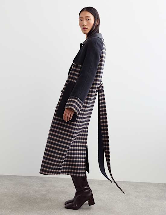 Pure Wool Checked Double Breasted Longline Coat