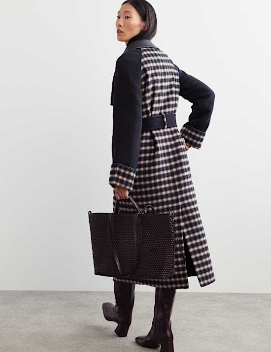 Pure Wool Checked Double Breasted Longline Coat