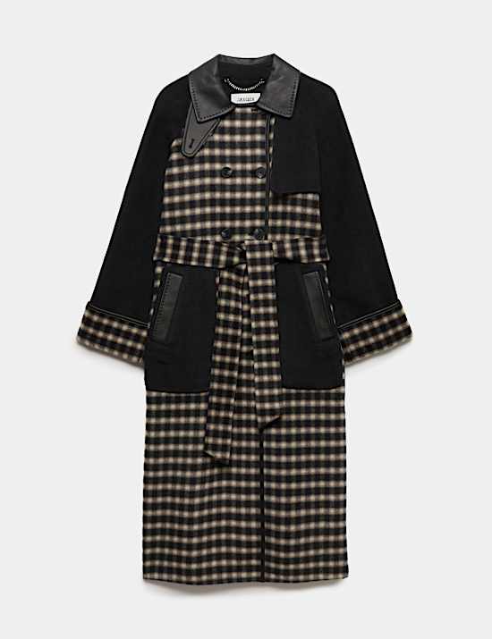 Pure Wool Checked Double Breasted Longline Coat