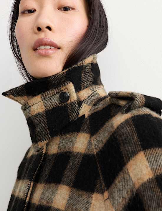 Pure Wool Checked Funnel Neck Coat