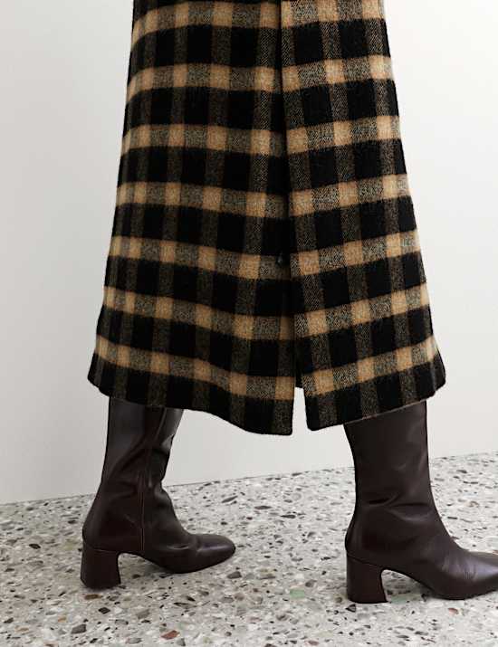 Pure Wool Checked Funnel Neck Coat