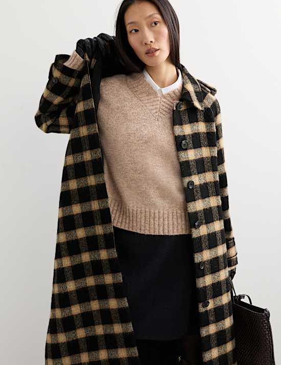 Pure Wool Checked Funnel Neck Coat