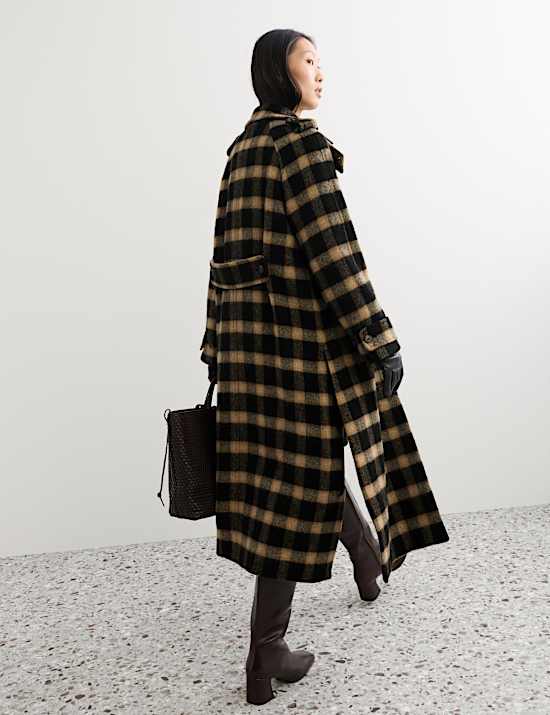 Pure Wool Checked Funnel Neck Coat