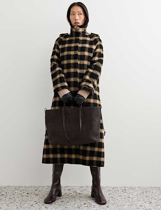 Pure Wool Checked Funnel Neck Coat