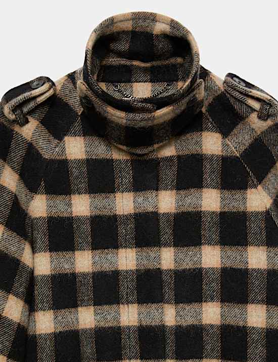 Pure Wool Checked Funnel Neck Coat
