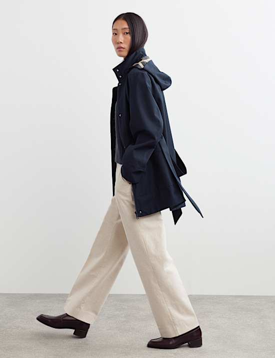 Twill Waterproof Belted Hooded Short Raincoat