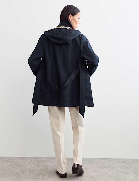 Twill Waterproof Belted Hooded Short Raincoat