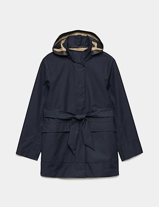 Imperm&eacute;able en serg&eacute; coupe courte &agrave; capuche et ceinture