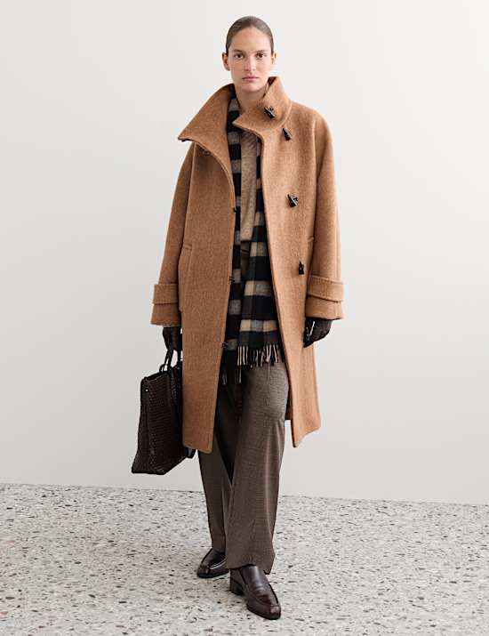 Duffle-coat en laine &agrave; col chemin&eacute;e avec cachemire