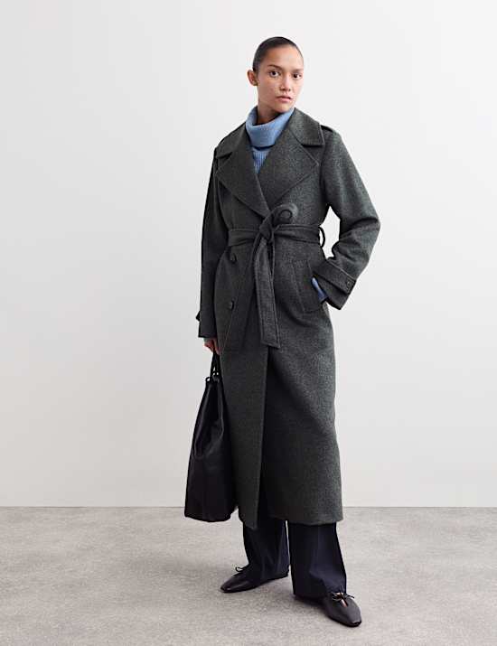 Manteau croisé coupe longue 100 % laine avec ceinture