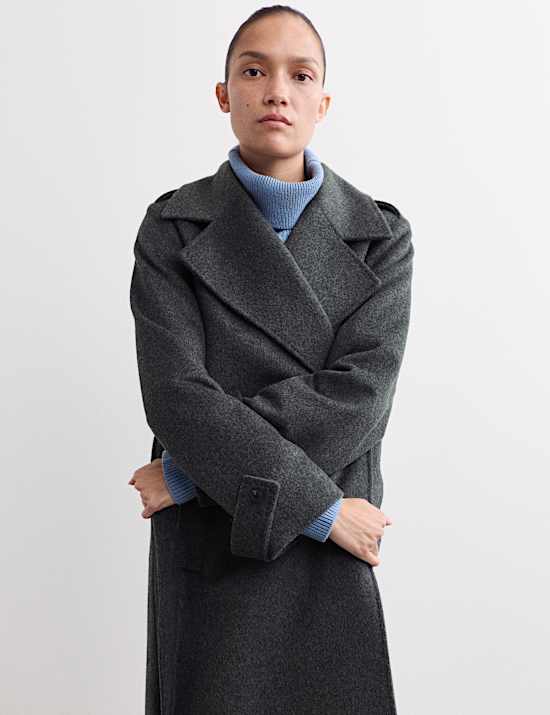 Manteau croisé coupe longue 100 % laine avec ceinture