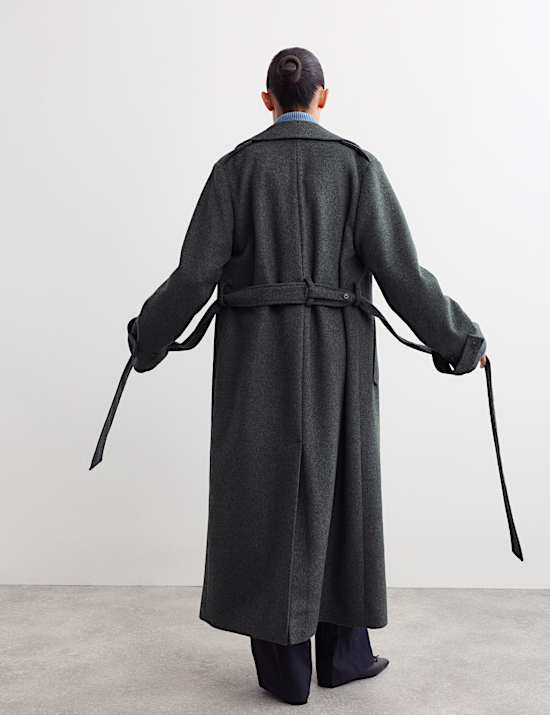 Manteau croisé coupe longue 100 % laine avec ceinture