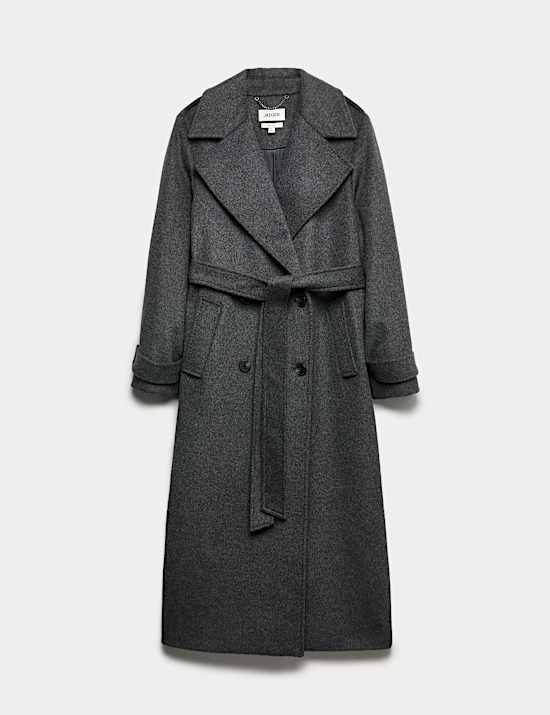 Manteau croisé coupe longue 100 % laine avec ceinture