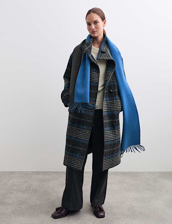 Pure Wool Checked Funnel Neck Duffle Coat