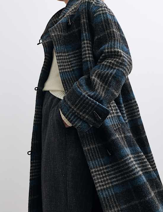 Pure Wool Checked Funnel Neck Duffle Coat