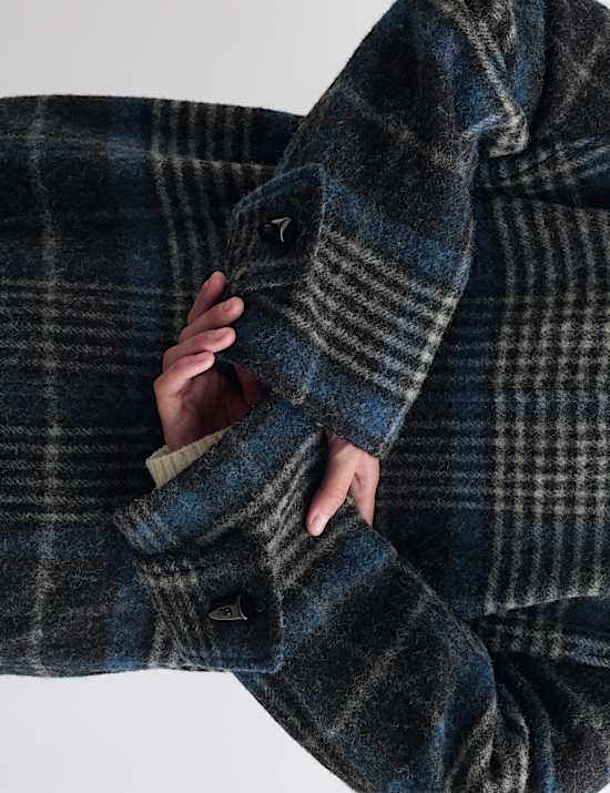Pure Wool Checked Funnel Neck Duffle Coat