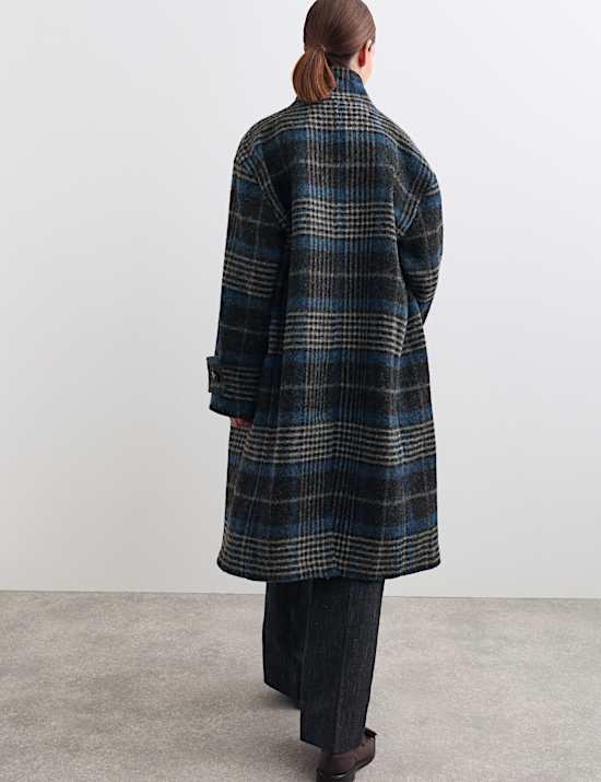Pure Wool Checked Funnel Neck Duffle Coat