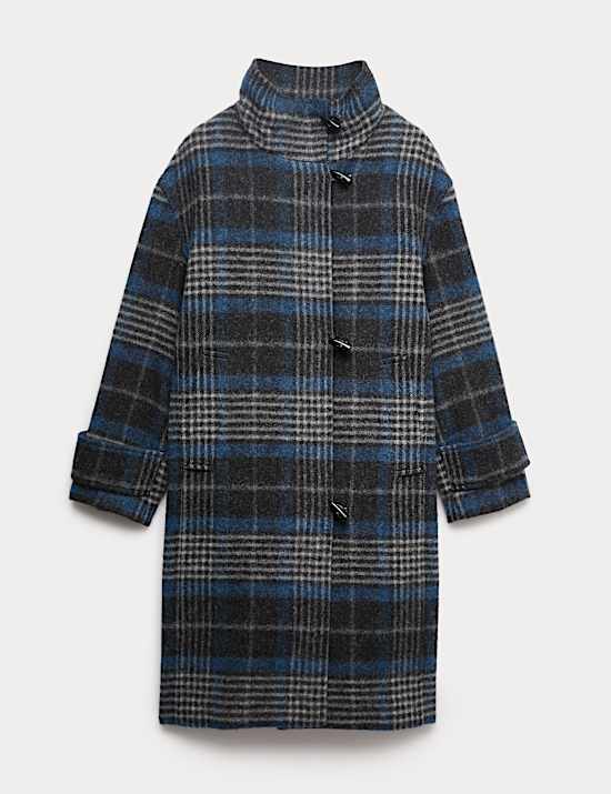 Pure Wool Checked Funnel Neck Duffle Coat