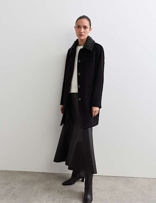 Korte autojas van zuiver wol met afneembare kraag