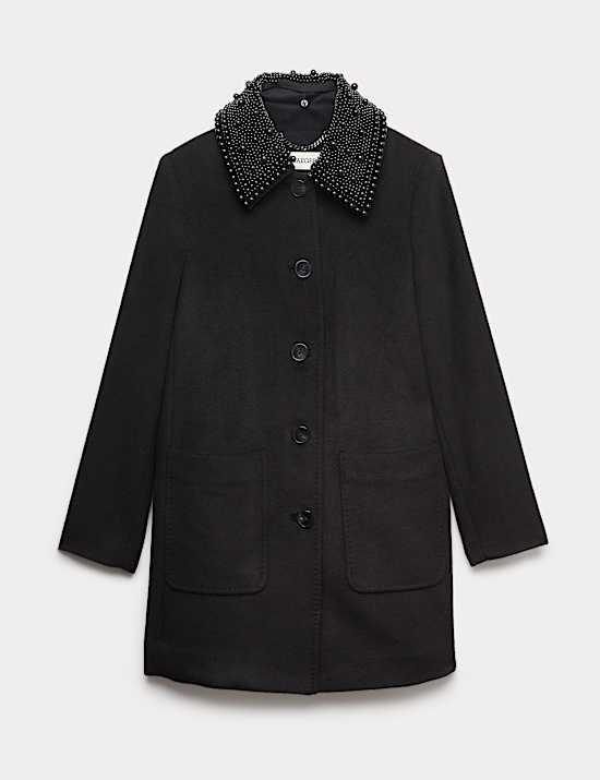 Korte autojas van zuiver wol met afneembare kraag