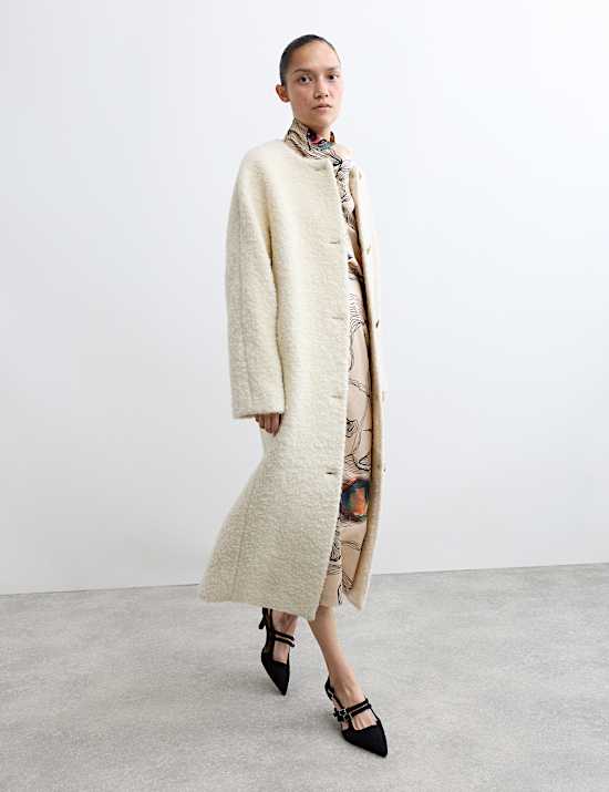 Manteau en laine bouclée avec mohair sans col