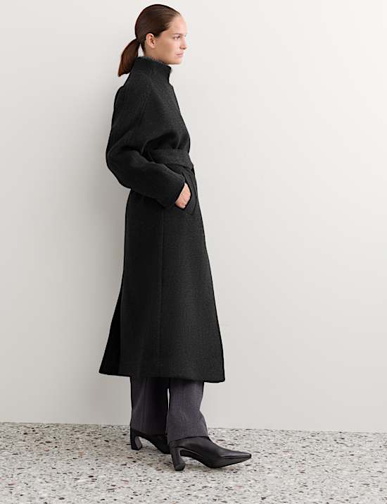 Pure Wool Funnel Neck Longline Wrap Coat