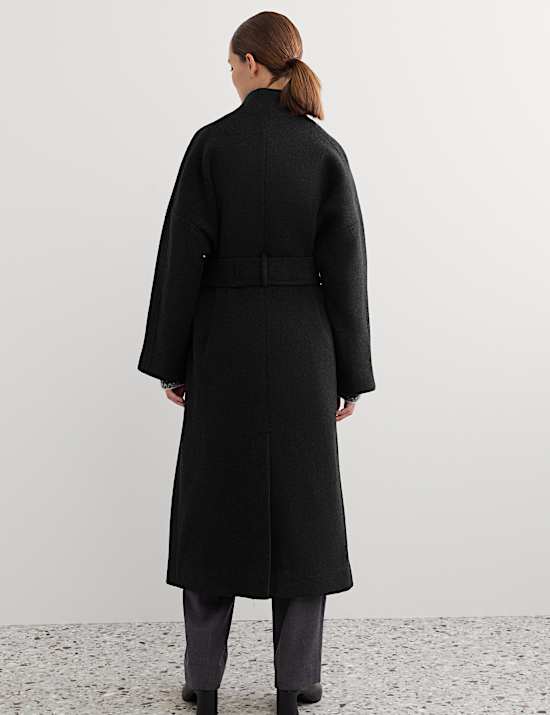 Pure Wool Funnel Neck Longline Wrap Coat