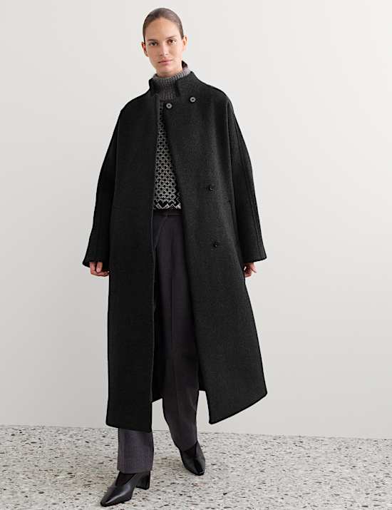 Pure Wool Funnel Neck Longline Wrap Coat
