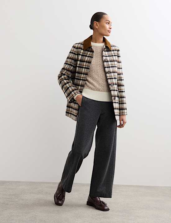Pure Wool Checked Cord Collar Short Jacket