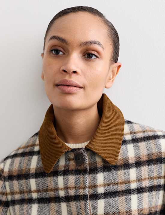 Pure Wool Checked Cord Collar Short Jacket