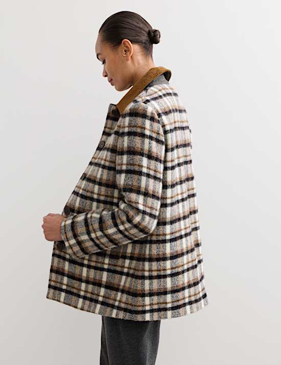 Pure Wool Checked Cord Collar Short Jacket
